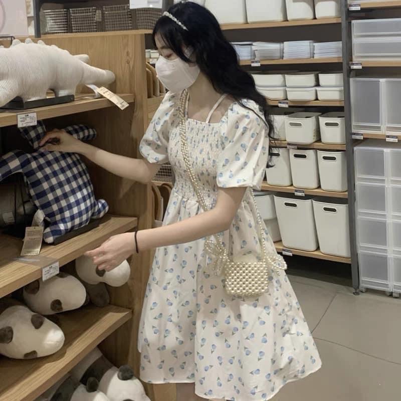 Váy 2 dây hoa nhí trễ vai tay bồng chun ngực dáng xòe ulzzang - Đầm midi hoa nhí 2 dây chun ngực tay bồng