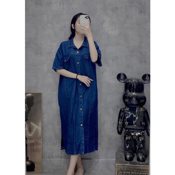 Váy bầu công sở thời trang thu đông chất liệu vải bò mặc được sau sinh cúc thật