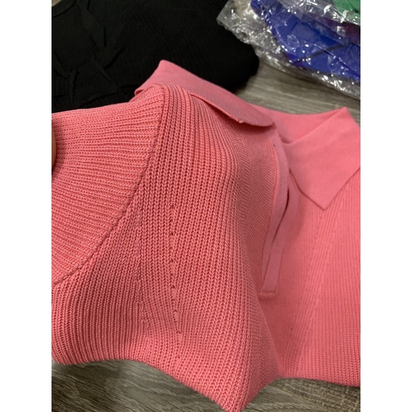 Gaeul store- Áo cộc tay nữ cổ bẻ xẻ V dáng ngắn croptop 6 màu chất len dệt kim