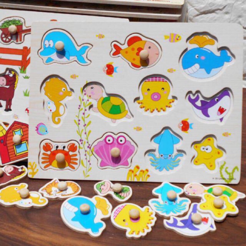 Đồ chơi trí tuệ - Bảng núm gỗ ghép hình loại 1 dày cho bé phá triển tư duy và ngôn ngữ