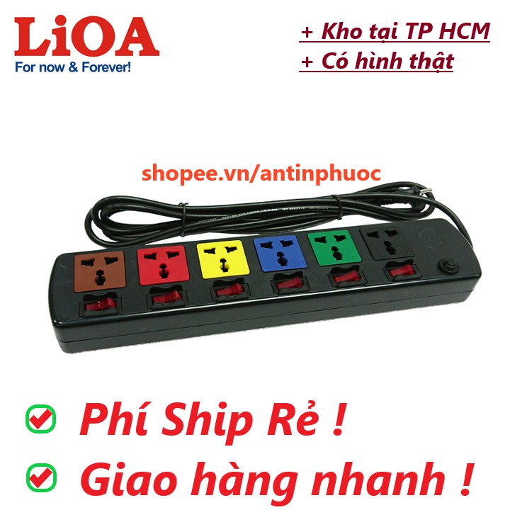 Ổ cắm điện Lioa công suất 2200w cao cấp có màn che - Ổ cắm 6 lổ 2200w  chống cháy nổ Lioa  dây dài 3mét