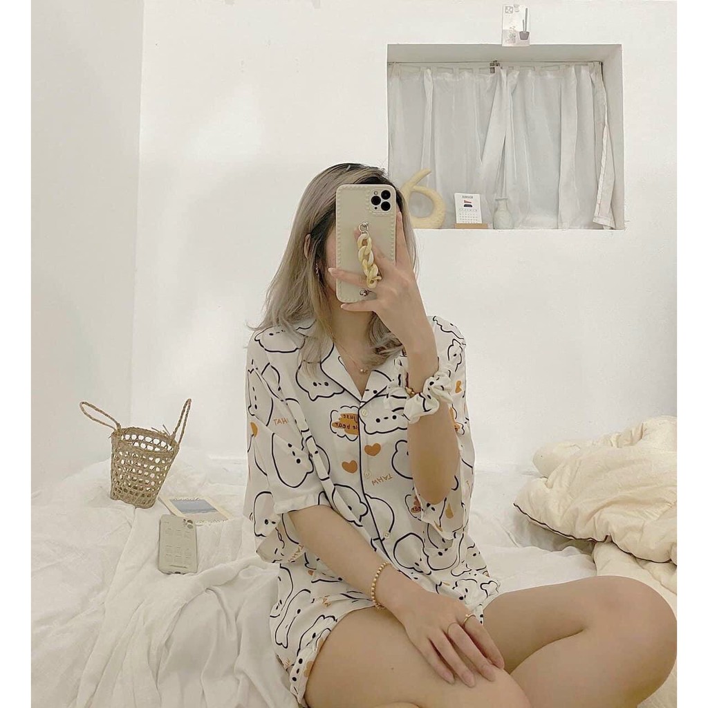 Set Pijama Kèm Dây Buộc Tóc ⚡ Casper.Store | FREESHIP | ⚡ Bộ quần áo ngủ của nữ, tay cánh dơi siêu dễ thương