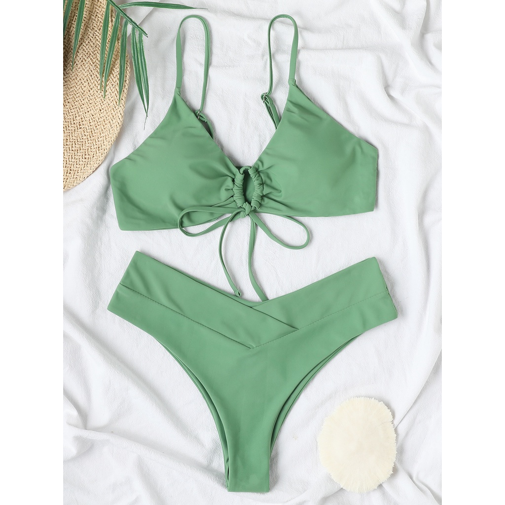 Bộ bikini màu trơn cột dây lưng cao gợi cảm xẻ tà dành cho nữ đi biển