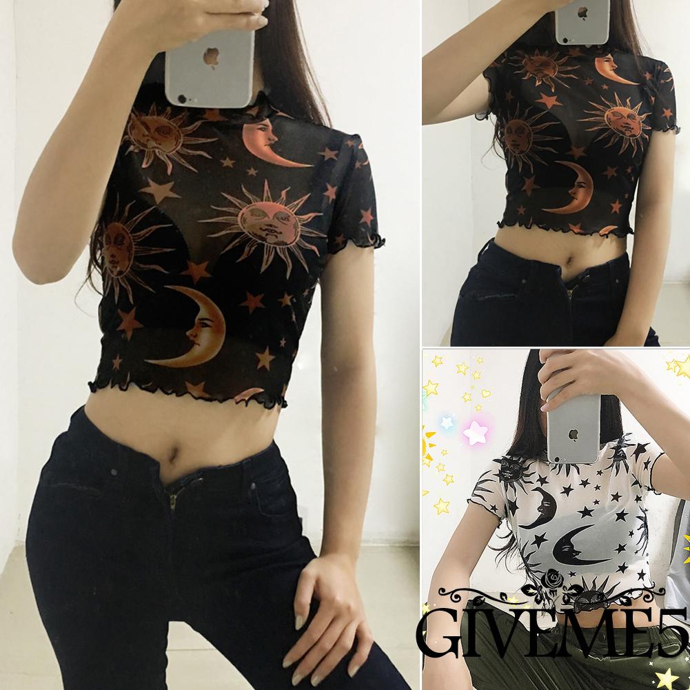Áo Croptop Xuyên Thấu In Họa Tiết Mặt Trăng Và Ngôi Sao Thời Trang Cho Nữ