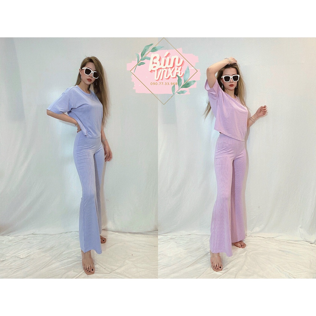 Set bộ 2 màu áo tím + xanh (sọc)