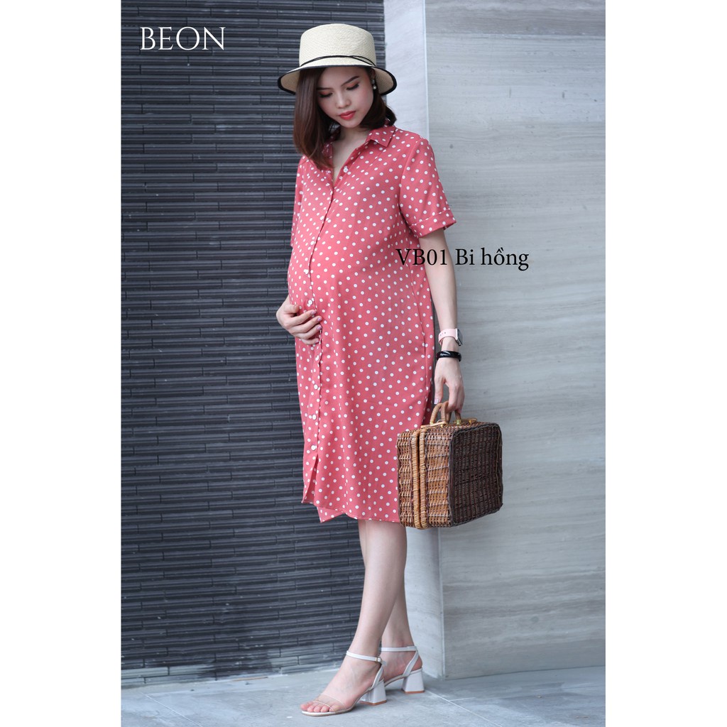 Đầm bầu công sở, váy bầu công sở dáng suông chấm bi hồng/xanh size tới 75kg - HÀNG MỚI VỀ