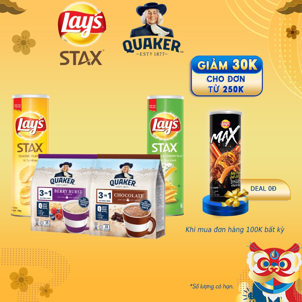 Combo:2 túi yến mạch Quaker 3in1 vị Chocolate &amp; Berry + 2 hộp Lay's Stax Khoai Tây Miếng Vị Tự Nhiên &amp; Kem Chua Hành