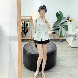 Áo sơ mi đũi thêu họa tiết hình gấu form rộng tay ngắn!