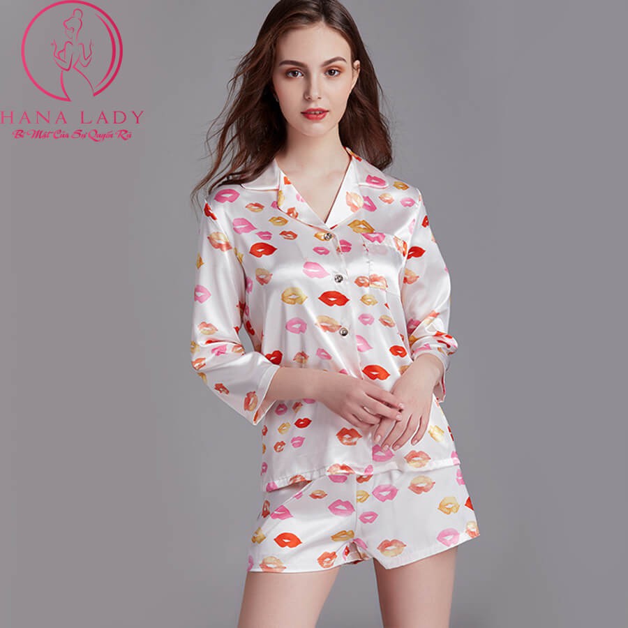 Pijama lụa tơ họa tiết môi cao cấp, Đồ bộ tay lỡ PJ355