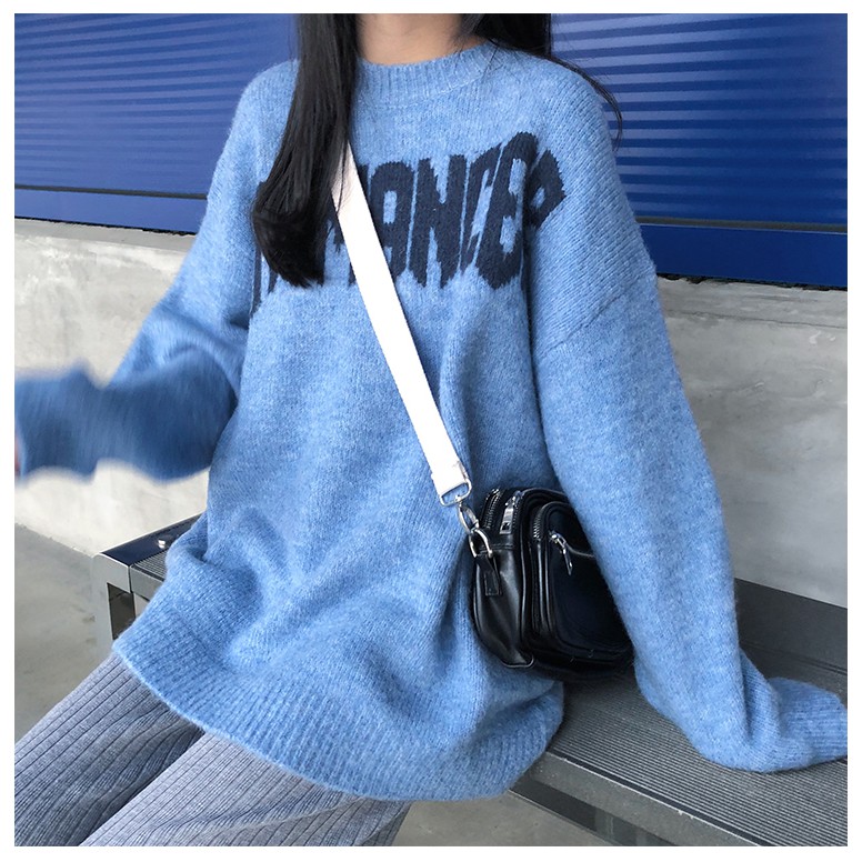 Áo len ulzzang dáng rộng tay xuông màu xanh dương