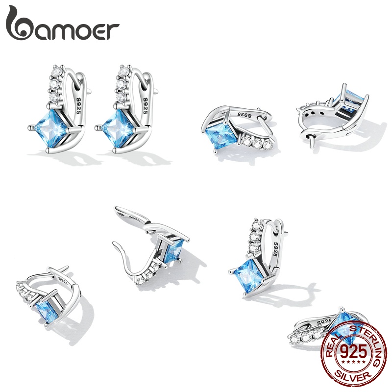 Khuyên tai BAMOER xi Bạc 925 đính đá xanh lam sành điệu
