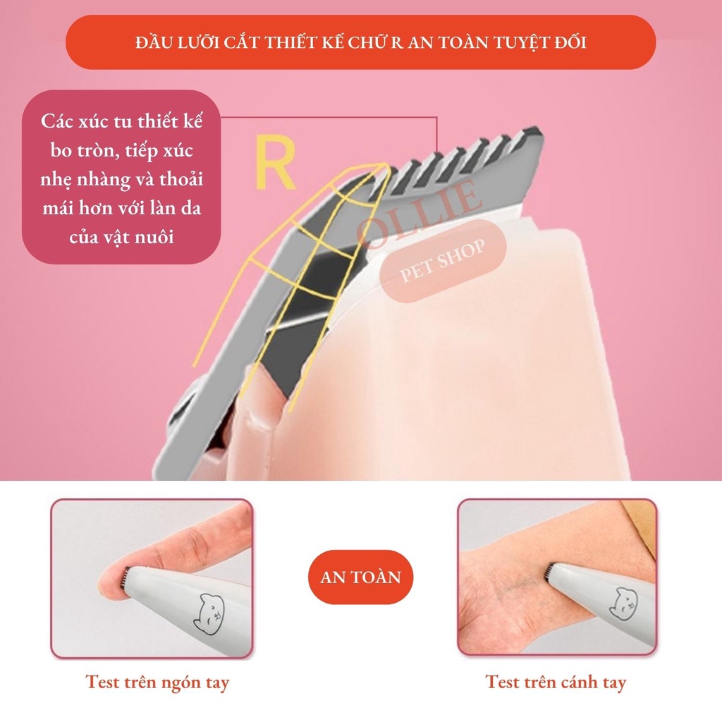 Tông đơ cạo bàn chân cho chó mèo có đèn LED, tiếng ồn nhỏ - Máy tỉa lông thú cưng sạc USB full phụ kiện