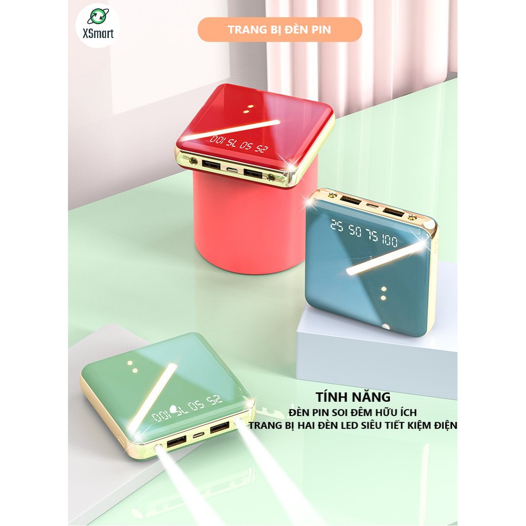 Sạc Dự Phòng Điện Thoại Mini 10000mAh KUNDONG 255S Hiển Thị Dung Lượng Pin, Nhỏ Gọn, Có Đèn Pin, Có Hai Cổng Sạc USB