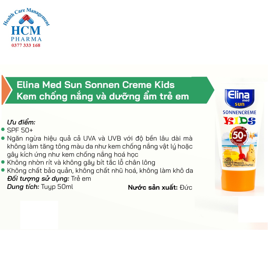 Kem chống nắng dưỡng ẩm chăm sóc cho da mặt body dành cho trẻ em ELINA SONNENCREME KIDS nhập khẩu Đức tuýp 50ml DVN10