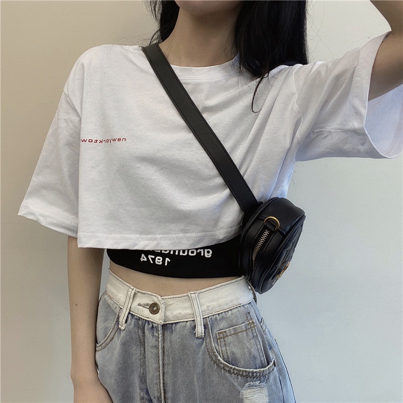 One Set Áo Lửng Ngắn Tay + Quần Short Lưng Cao Ống Rộng Thời Trang Hàn Quốc
