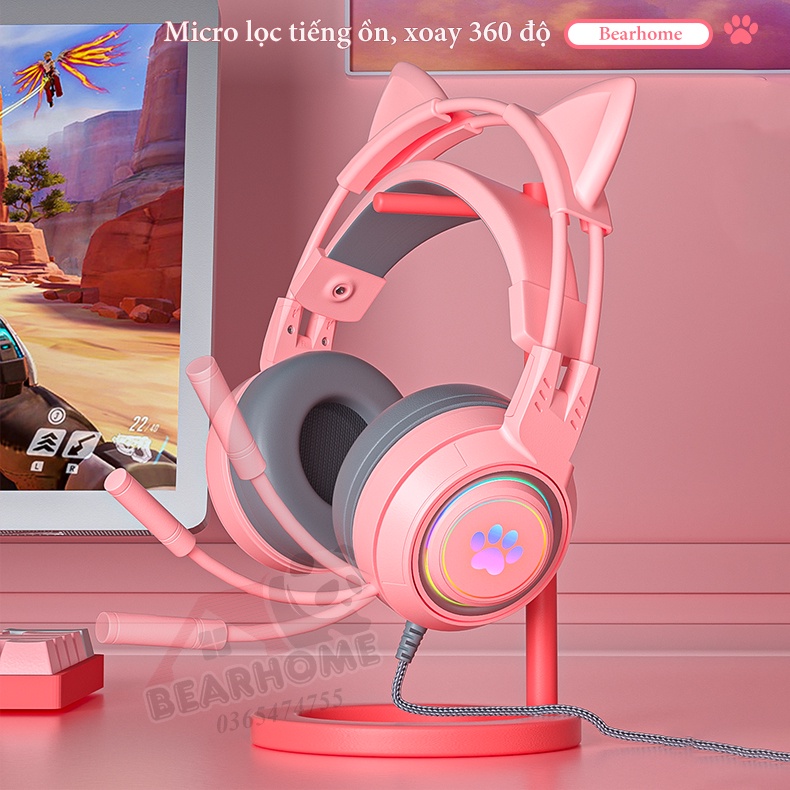 Tai Nghe Chụp Tai Có Dây Có Tai Mèo Có Micro Đàm Thoại Chơi Game. Tai Nghe Máy Tính Gaming Headphone Cute