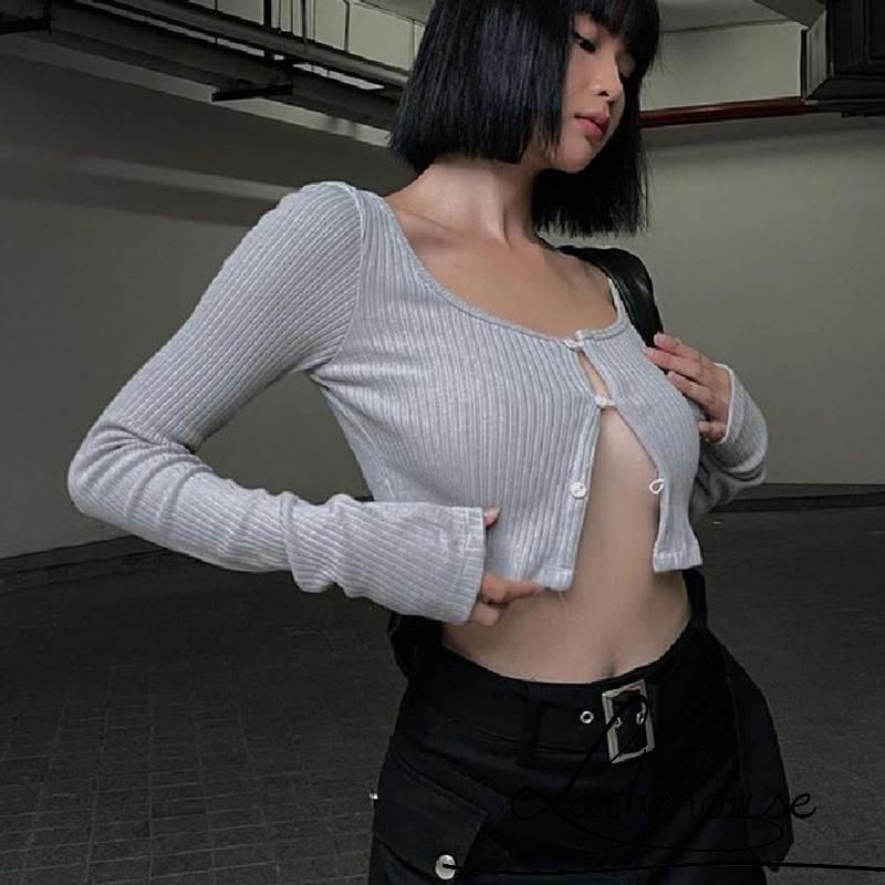 Áo Thun Crop Top Tay Dài Cổ Chữ U Có Nút Thời Trang Xuân Thu Cho Nữ