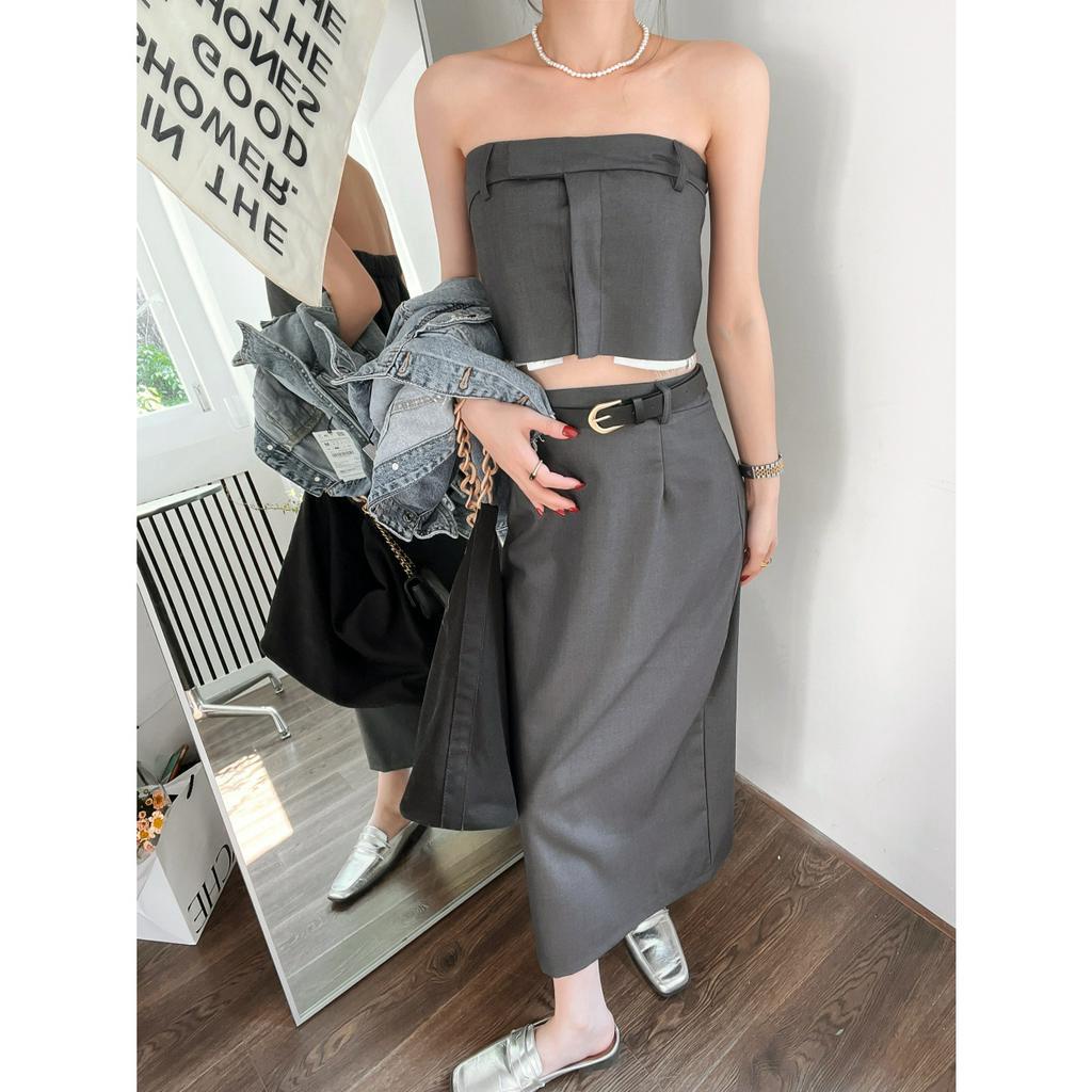 Set Áo Ống Ngắn + Chân Váy Lưng Cao Thời Trang Hàn Quốc Quyến Rũ Cho Nữ