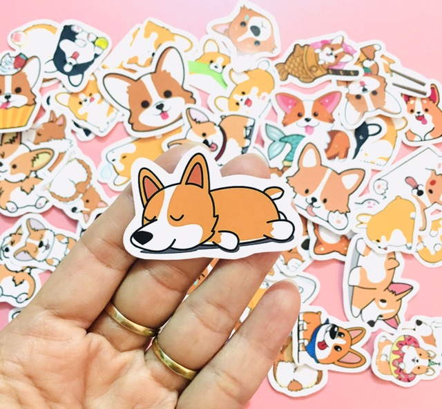 Sét 30-50 Sticker chó corgi lép lụa có đề can bóc dán