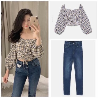 Áo trễ vai kẻ caro tay bồng zara