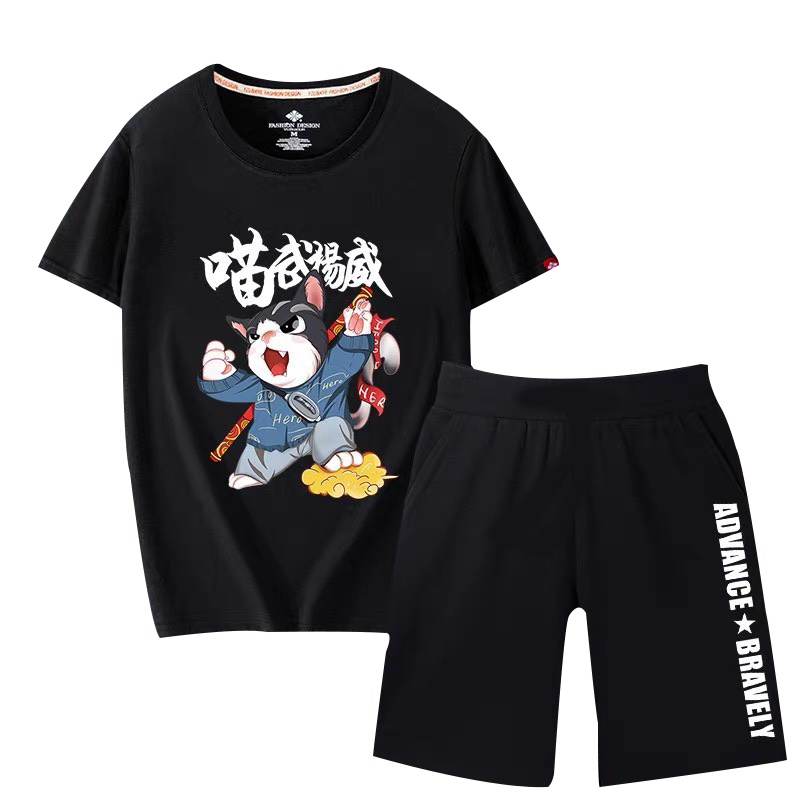 Set áo thun ngắn tay + quần short màu đen/ trắng size lớn thời trang cho nam