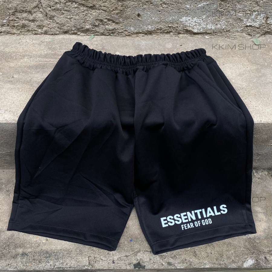 QUẦN Short ESSENTIALS Fear of God lưng thun Nam Nữ, chất vải Poly 2 da, quần đùi thể thao, lửng cộc ngắn đen form rộng
