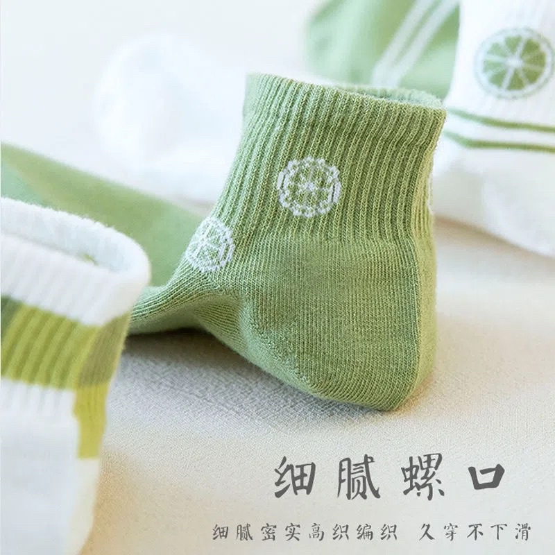 Tất cổ cao, vớ cổ ngắn nữ họa tiết quả chanh màu xanh chất cotton phong cách Hàn Quốc