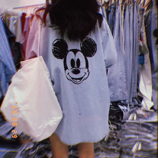 Áo sơ mi jeans form dài Mickey Qc