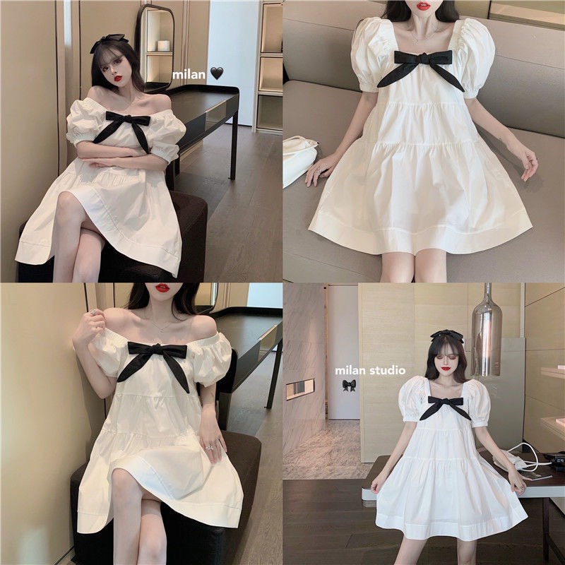 Váy Babydoll Nữ ,Váy Tiểu Thư Trắng Xoè Cổ Vuông Đính Nơ,Freesize Dưới 60kg, Chất Thô Mềm Xếp Tầng Phong Cách Hàn Quốc | BigBuy360 - bigbuy360.vn