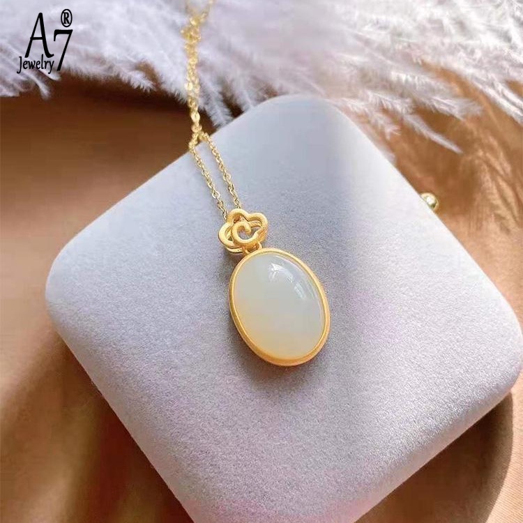 Vòng cổ Bạc 925 Mặt Đá Ngọc Bích Trắng Hình Oval Kiểu Dáng Thanh Lịch Dành Cho Nữ