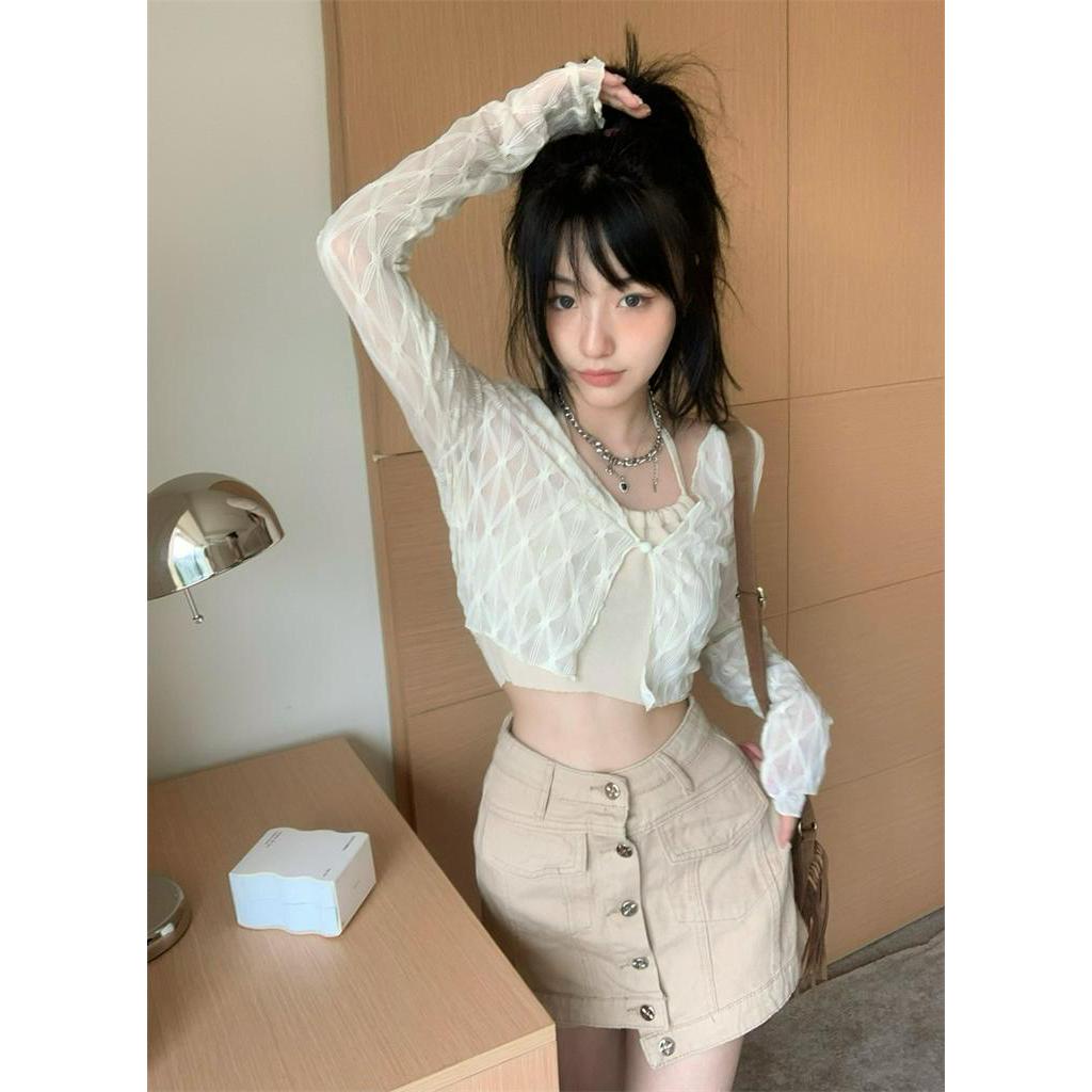 Bộ Áo Khoác Cardigan Dài Tay Phối Đầm Dây Giả Hai Lớp Thời Trang Sành Điệu 6371