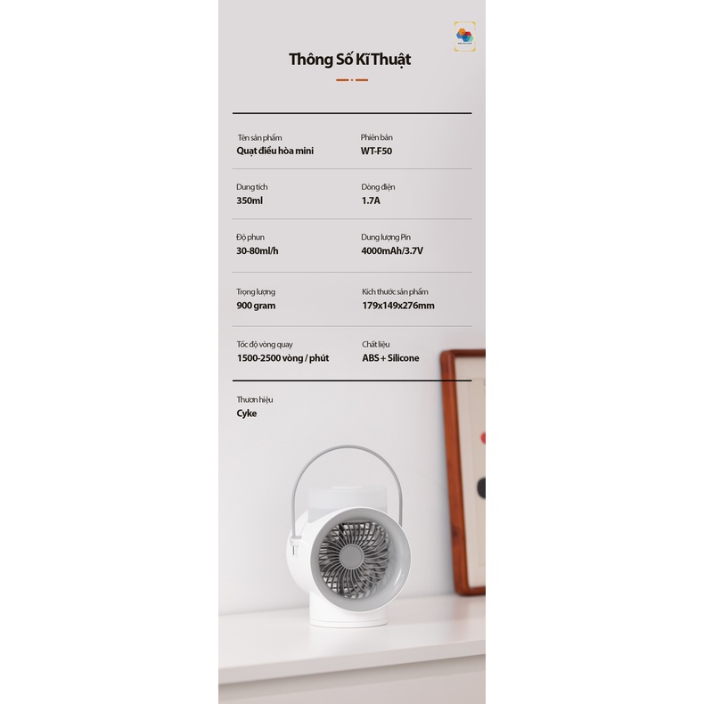 Quạt Không Dây Phun Sương Tạo Ẩm Wt-f50 Kết Hợp Tinh Dầu Tạo Hương Thơm, Xoay 120º, 3 Cấp Độ Gió, Kiêm Đèn Ngủ