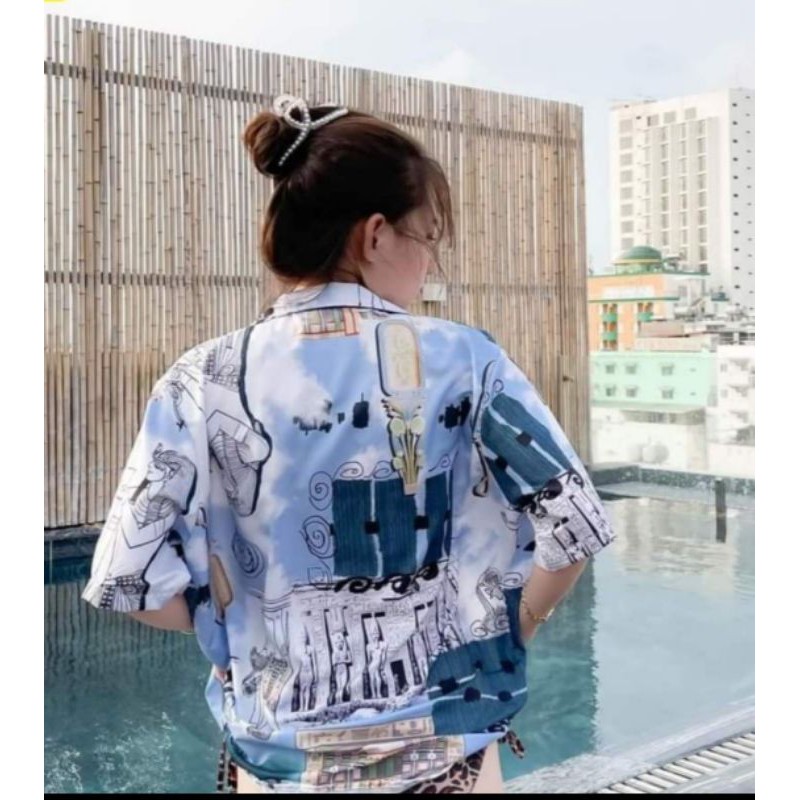 Áo sơ mi nữ in 3D cổ bẻ tay ngắn - lỡ dáng ulzzang freesize form rộng unisex mặc cặp, nhóm, in hình TƯỢNG AI CẬP