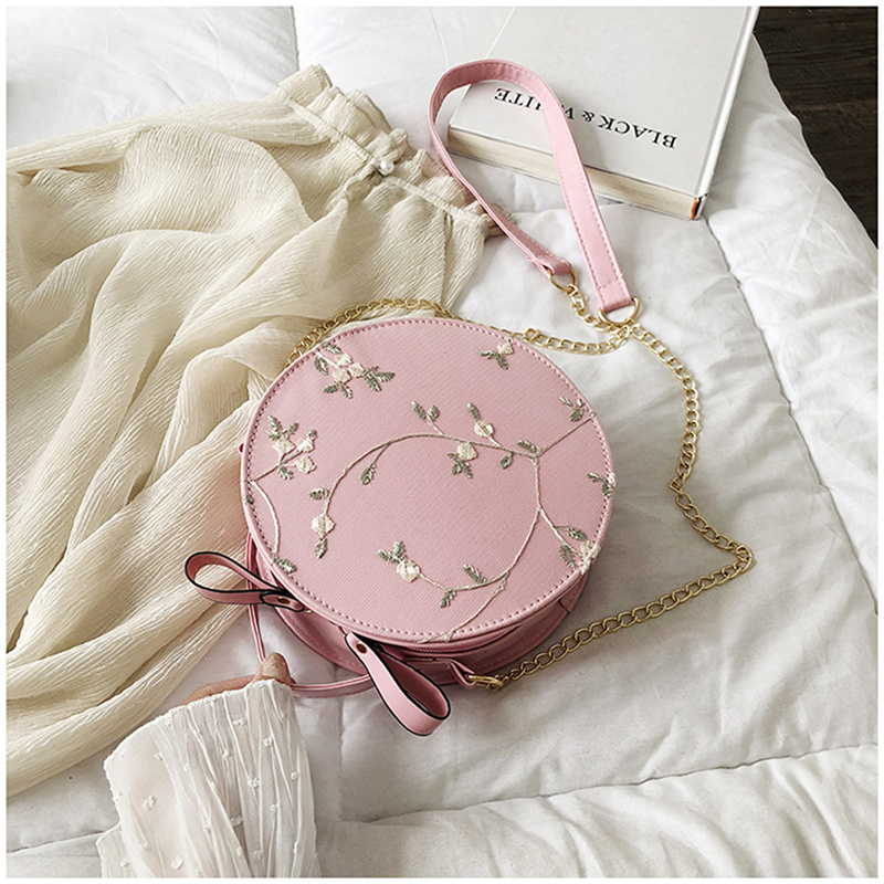 Túi Xách Da Pu Hình Tròn Phối Ren Hoa Thời Trang Cho Nữ