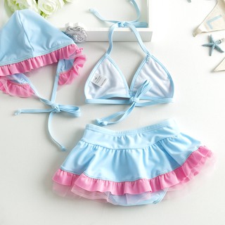 Đồ bơi bikini cho bé nơ xanh hồng kèm mũ