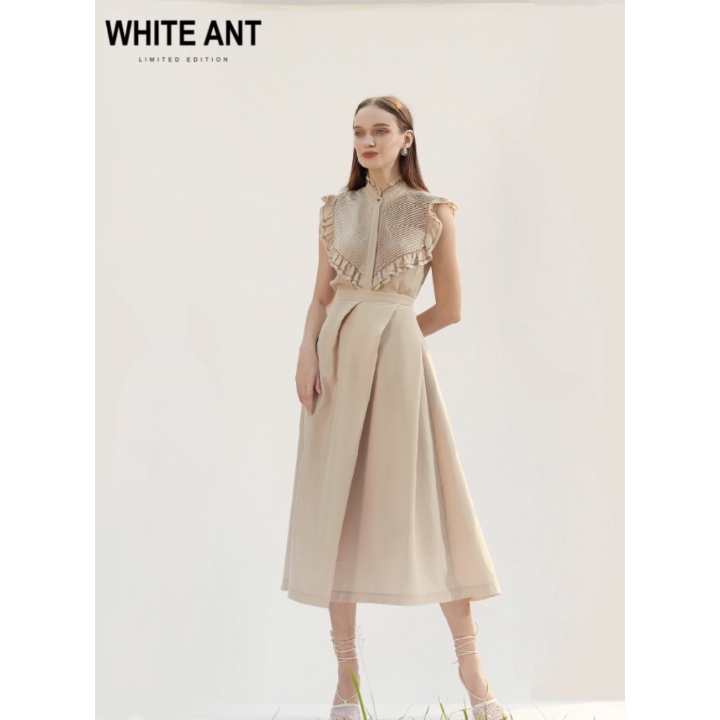 Áo Không Tay Chạy Ziczac Bèo Cổ Nữ WHITE ANT MIE SHORT SHIRT Thiết Kế Phần Ngực Xếp Li Nhỏ, Chất Lụa Satin 170300215
