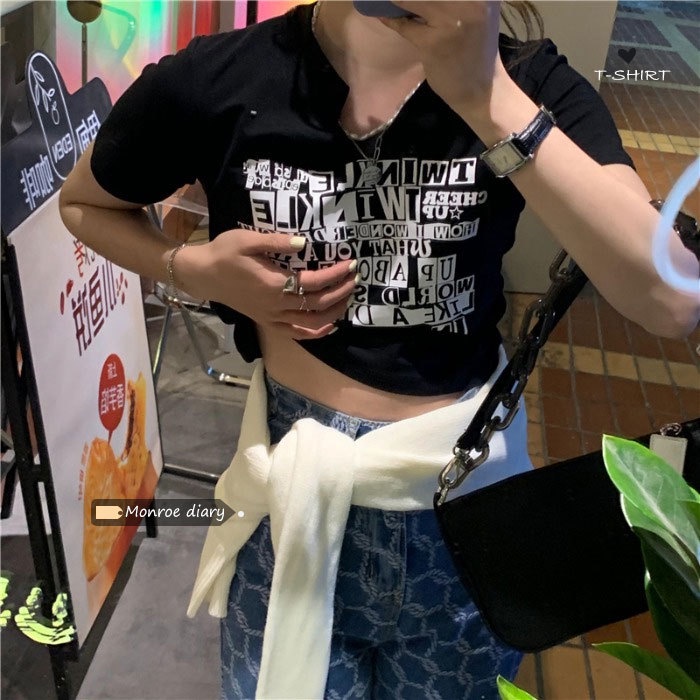 Áo Croptop Tay Ngắn Cổ Chữ V Dáng Ôm In Chữ Thời Trang Cho Nữ