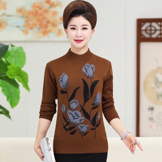 Áo len cổ cao trung niên nữ hoạ tiết hoa sang trọng-áo khoác len cardigan nữ trung niên -áo len nữ