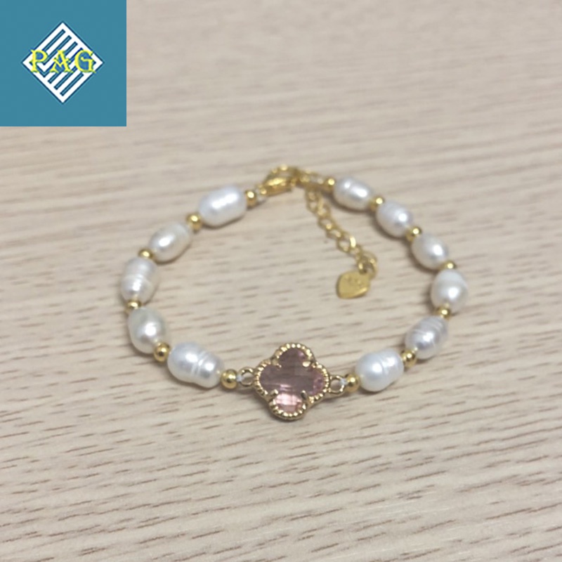 Vòng Tay Pearl Nước Ngọt AAA Mix Cỏ Bốn Lá Xinh Xắn