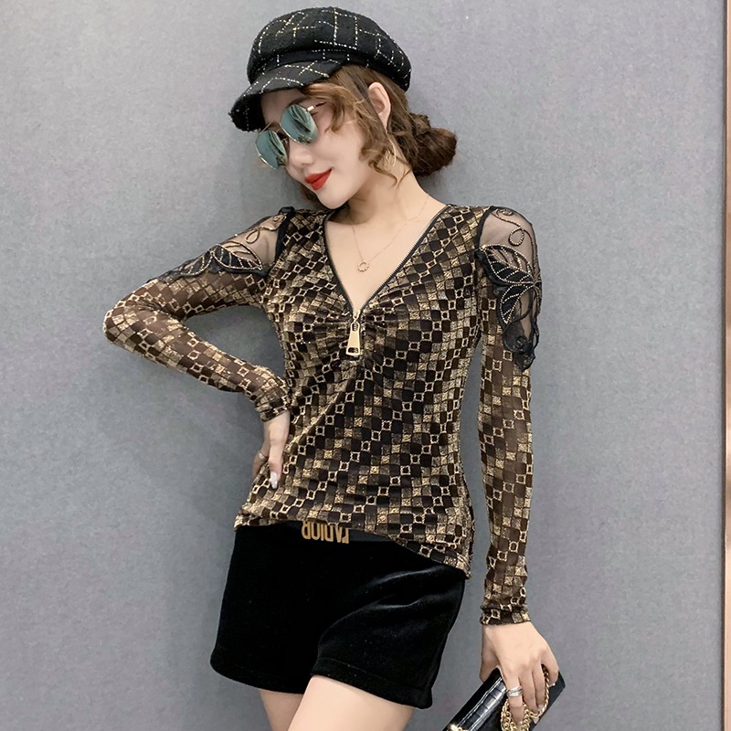 Áo lưới dài tay Áo thun dài tay nữ Cổ Chữ v In Họa Tiết Da Báo Phong Cách Mới