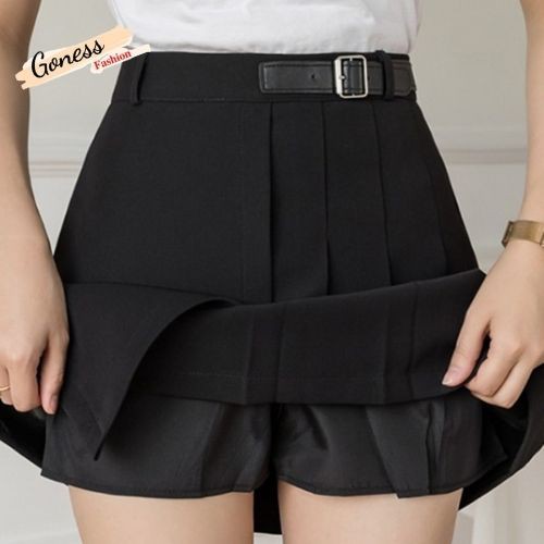 Chân váy ngắn Goness xếp ly nữ cạp cao có đai hai màu đen trắng phong cách Hàn Quốc