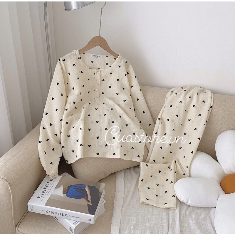 [ Ảnh thật ] Sét bộ ngủ pyjama cổ tròn chất đũi xốp hoạt hình dễ thương