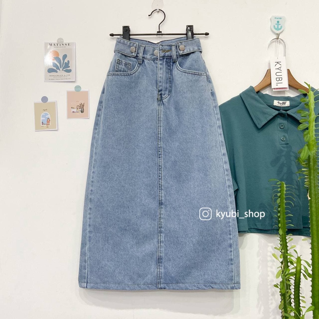 Chân váy dài Midi Jean Kyubi lưng cao dáng chữ A  cài lưng độc đáo [Nhiều Mẫu] - Váy Bò dài Cạp cao Ulzzang Ky ubi CVJ03 | BigBuy360 - bigbuy360.vn