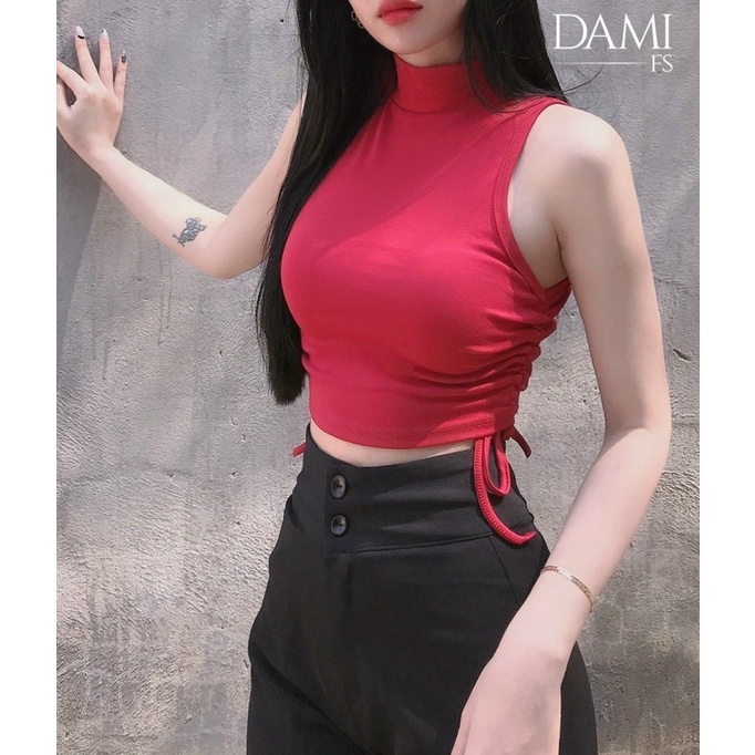 Áo ba lỗ cổ cao form croptop dây rút sườn