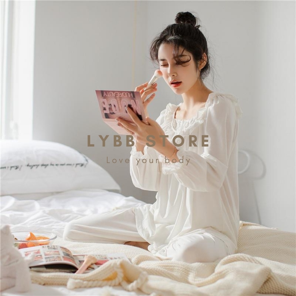 Bộ ngủ cotton nữ màu trắng áo xếp ly dài tay dáng rộng thoải mái, quần ngủ bo gấu, bộ mặc nhà phong cách Hàn Quốc 2021