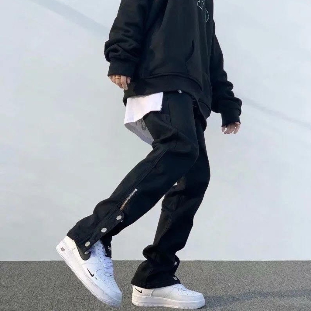 Quần Jean Buttons Pants Ống Rộng Nam 3 Cúc bấm, Quần Jean rách gối, Cargo Pants Phong cách streat wear Cực Ngầu unisex