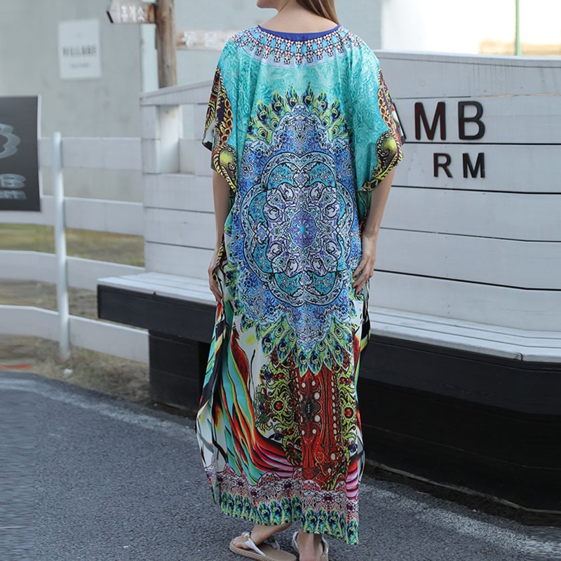 Đầm Maxi Tay Lửng In Họa Tiết Lông Vũ Nhiều Màu Sắc Phong Cách Bohemian Thời Trang Mùa Hè Cho Nữ