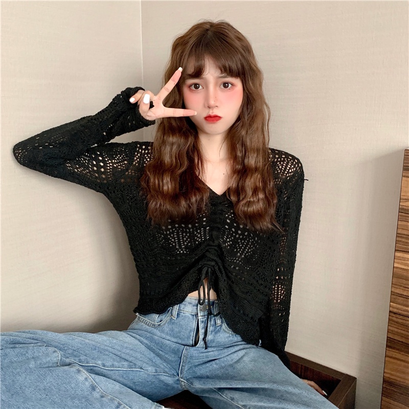 Áo croptop len mỏng dây rút tay dài LEEVA nhẹ nhàng A240