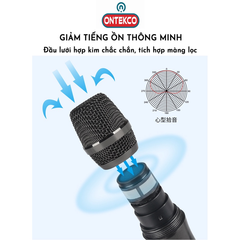 Micro hát karaoke chất liệu thép - míc hát chuyên nghiệp Ontekco Mu02 màu xanh đỏ không dây