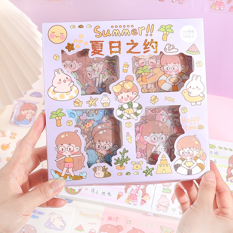 Bộ 100 Miếng Dán Chống Thấm Nước Họa Tiết Hoạt Hình Dễ Thương Độc Đáo Trang Trí Sổ Tay DIY